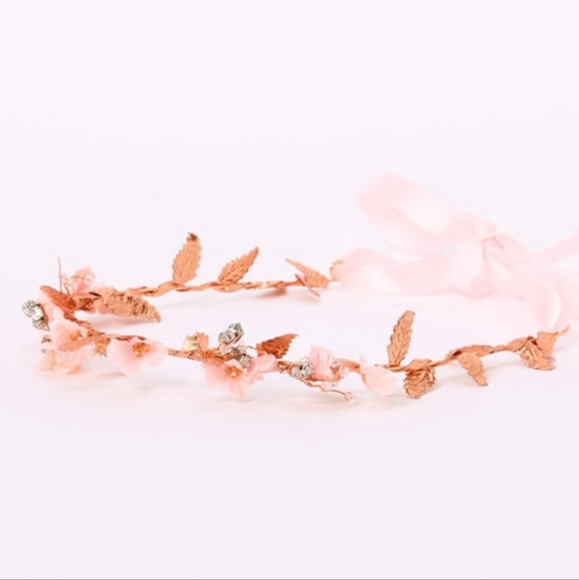 ROSE GOLD METALLIC FLOWER CROWN TIE HEADWRAP - PINK - Picture 4 of 5